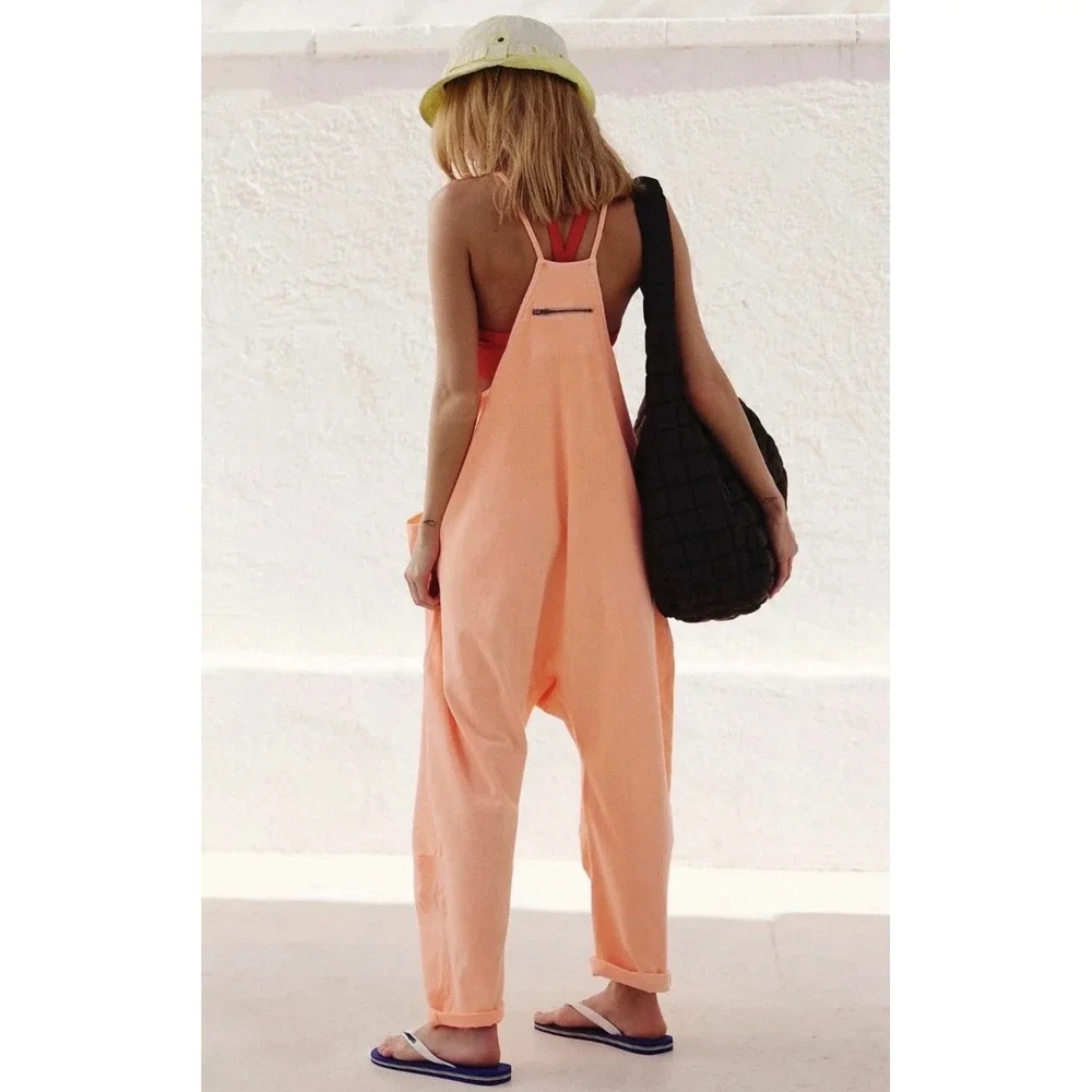 FP Movement Hot Shot Jumpsuit M Peach Boho Romper Pockets Racerback Yoga Comfy